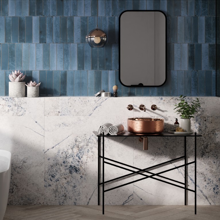 Agadir Lago 7x28 - Baikal Blue 90x90 - Lavabo Heller Rose Gold