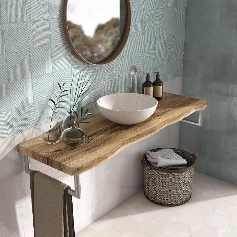 Lavabo Berlin Bone - Trazos Aquamar 14,7x14,7 - Berlin White Glossy 14,7x14,7